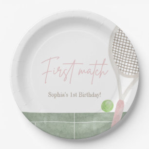 Roze Tennis Eerste Verjaardag Meisje Preppy Klassi Papieren Bordje