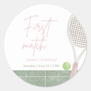 Roze Tennis Eerste Verjaardag Preppy Meisje Feest Ronde Sticker