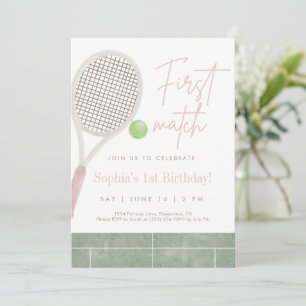 Roze Tennis Eerste Verjaardagsfeest Uitnodiging