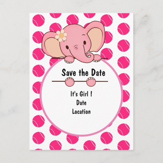 Roze Tennisbal Het is Meisje voor Baby elepjant Aankondigingskaart (Voorkant)