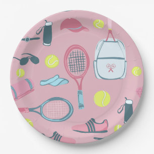 roze tennisracket bal veld uitrusting papieren bordje