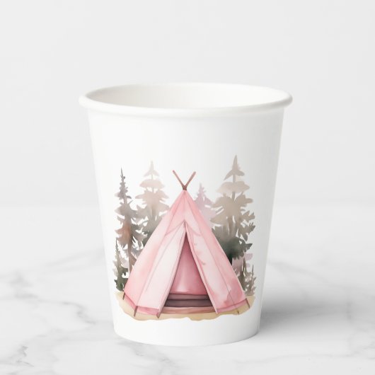 Roze Tent Camping Cup Papieren Bekers (Voorkant)