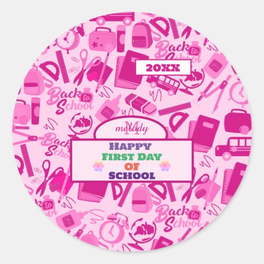 roze Terug naar School Pattern Ronde Sticker (Voorkant)