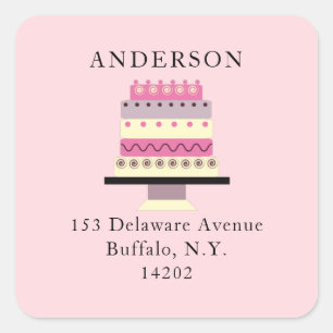Roze terugzendlabel Whimsical Cake Retro Vierkante Sticker