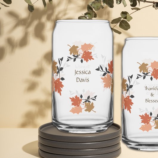 Roze Thanksgiving Fall Leaves Personalize Name Blikvorm Glas