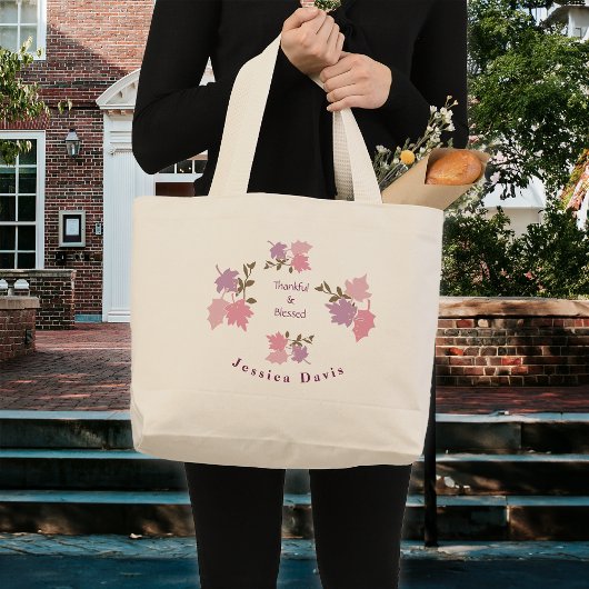 Roze Thanksgiving Fall Leaves Personalize Name Grote Tote Bag