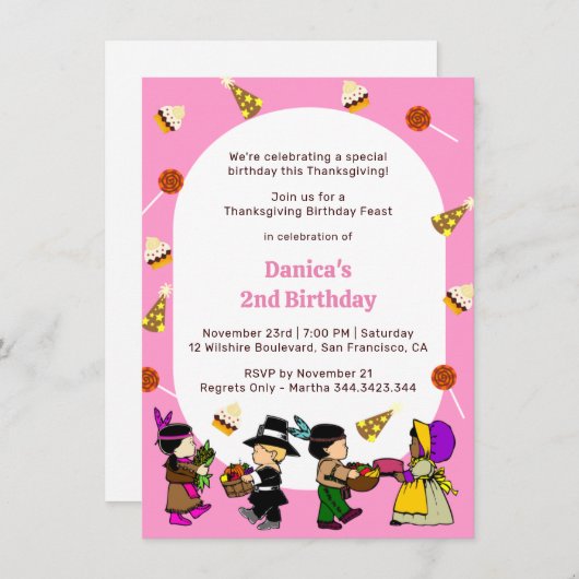 Roze Thanksgiving Verjaardag Kind Party Invitation Kaart (Voorkant / Achterkant)