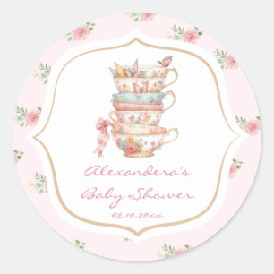 Roze Thee Baby Shower met Bloemmotief Ronde Sticker
