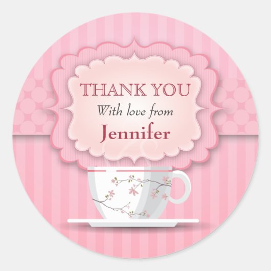 Roze Thee Feest Dank Je Wel Groot Ronde Sticker (Voorkant)