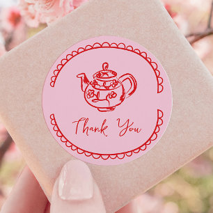 Roze Thee Feest Theepot Doodle Bedankt Favoriet Ronde Sticker