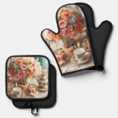 Roze Thee Party Oven Mitt en Pot Houders Ovenwant & Pannenlap Set (Voorkant / Achterkant)