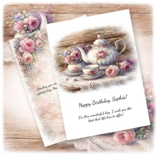 Roze Thee Servies Verjaardag | Kaart