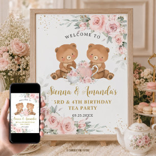 Roze Thee Tafel Verjaardag met Teddibeertjes Poster