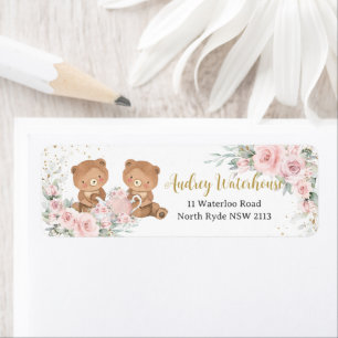 Roze Thee Teddybeer Verjaardagsfeestje Etiket