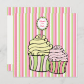 Roze theeënpartij Cupcake Striped Party nodigt uit Kaart (Voorkant / Achterkant)