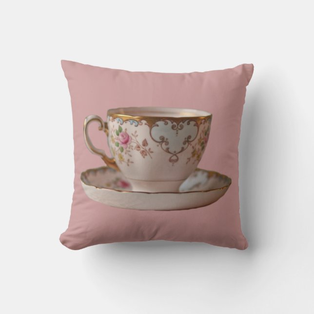 Roze theekbeker en saucer met Rozen Pillow Kussen (Voorkant)