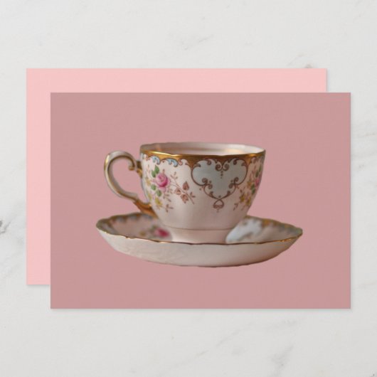 Roze theekopje en saucer met Rozen Kaart (Voorkant / Achterkant)