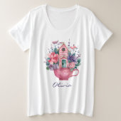 Roze Theekopje Sprookjeshuis Dames Wit Grote Maat T-shirt (Design voorkant)