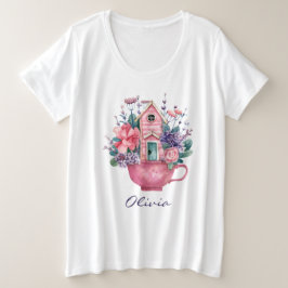 Roze Theekopje Sprookjeshuis Dames Wit Grote Maat T-shirt