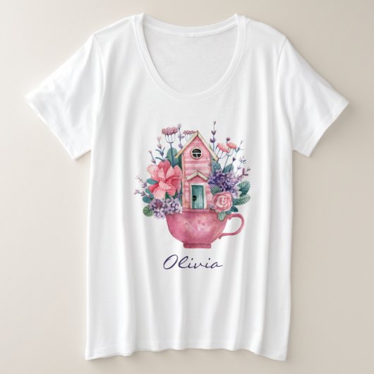Roze Theekopje Sprookjeshuis Dames Wit Grote Maat T-shirt (Design voorkant)