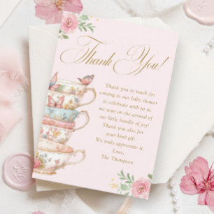 Roze Theekopjes Bloemrijke Theepartij Baby Shower Bedankkaart