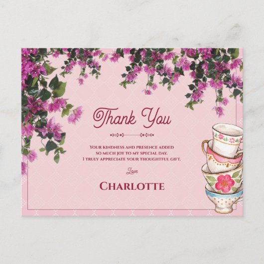 Roze Theekopjes Stack Vintage Bruiloft Dank Je Briefkaart (Voorkant)