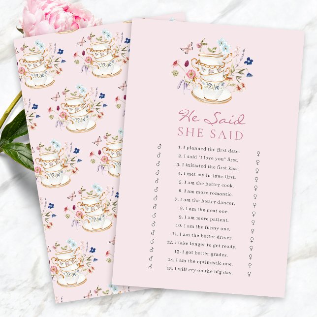 Roze Theepartij Bruiloftspel (Pink Tea Party Bridal  Shower He Said She Said Game by Painted Paperie
)