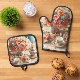 Roze theepartij ovenwant en pannenlappen & pannenlap set