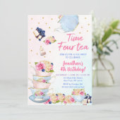Roze Theepartijtijd vier thema verjaardag Kaart (Staand voorkant)