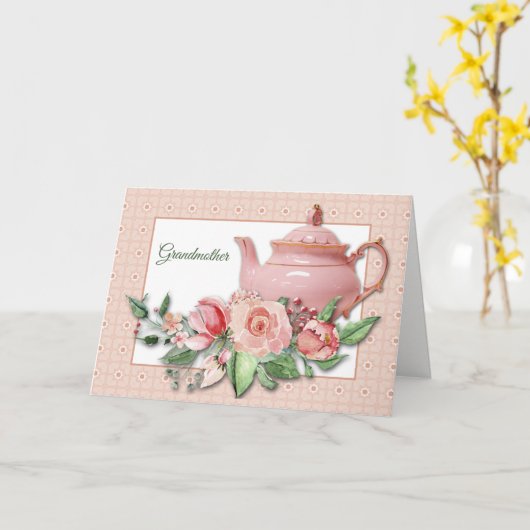 Roze theepot Bloemen Grootmoeder Moederdag Kaart (Gele Bloem)
