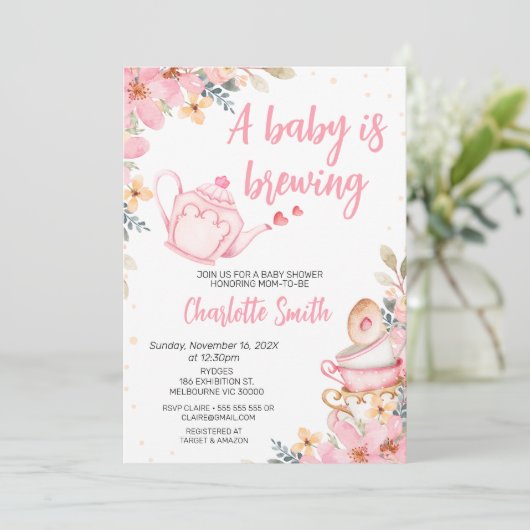 Roze Theepot Floral Baby is Baby shower brouwen Kaart (Staand voorkant)