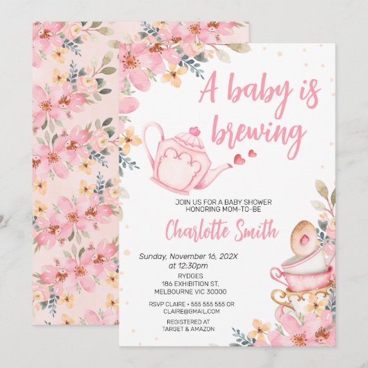Roze Theepot Floral Baby is Baby shower brouwen Kaart (Voorkant / Achterkant)