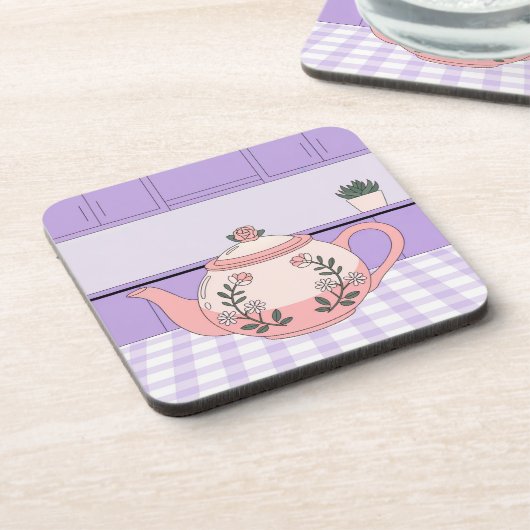 Roze theepot Lavendel Plastic Onderzetter Set (Linkerzijde)