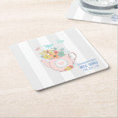 Roze theepot met bloemen & Butterflies Party Kartonnen Onderzetters (Schuin)