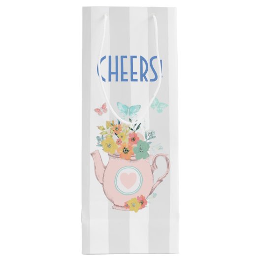 Roze theepot met bloemen en botervaten wijn cadeautas (Achterkant)