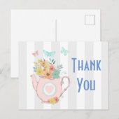 Roze theepot met bloemen en botervliegen Dank je w Briefkaart (Voorkant / Achterkant)