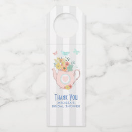 Roze theepot met bloemen en botervliegen Dank je w Flessenhanger