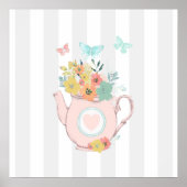 Roze theepot met bloemen en botervliegen Grijze st Poster (Voorkant)
