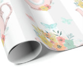 Roze theepot met bloemen en bustaartroep cadeaupapier (Rol Hoek)