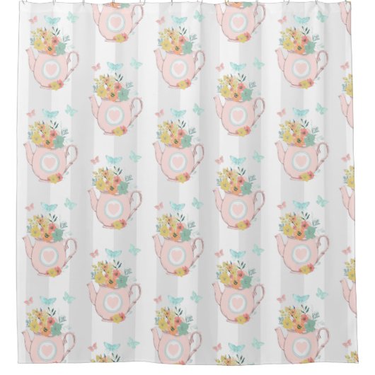 Roze theepot met bloemen en bustaartroep douchegordijn (Voorkant)