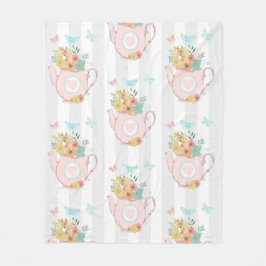 Roze theepot met bloemen en bustaartroep fleece deken