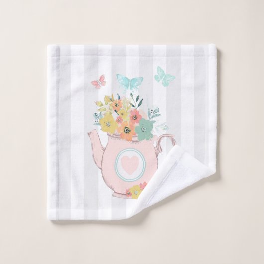 Roze theepot met bloemen en vlinders bad handdoek (Wasdoekje)