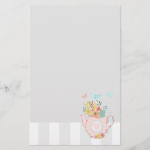 Roze theepot met bloemen en vlinders briefpapier