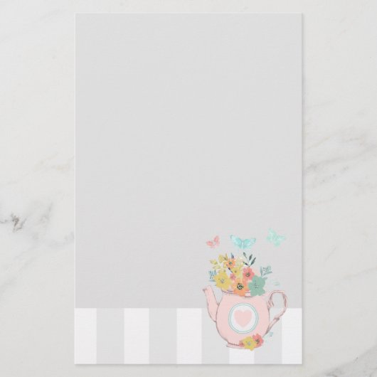 Roze theepot met bloemen en vlinders briefpapier (Voorkant)