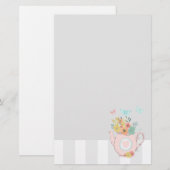 Roze theepot met bloemen en vlinders briefpapier (Voorkant / Achterkant)