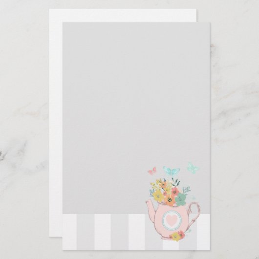 Roze theepot met bloemen en vlinders briefpapier (Voorkant / Achterkant)