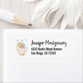 Roze theepot met bloemen en vlinders etiket (Insitu)