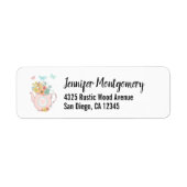 Roze theepot met bloemen en vlinders etiket (Voorkant)