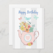 Roze theepot met bloemen en vlinders feestdagenkaart (Voorkant / Achterkant)