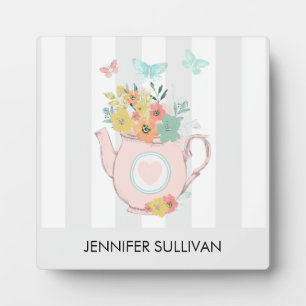 Roze theepot met bloemen en vlinders fotoplaat